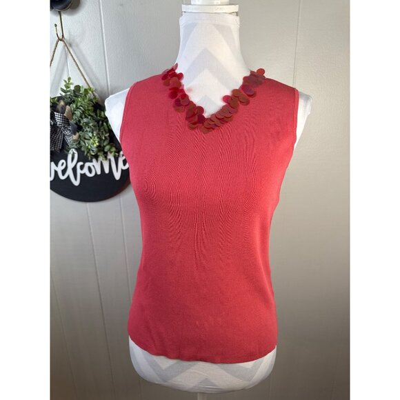 Laura Ashley Petite Coral Sleeveless Knit Top W/ Sequin V-Neck PM - Picture 2 of 6